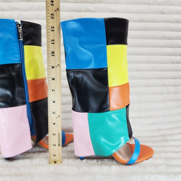 Paris Color Block Stiletto Fold Over Skirted Shootie Boot Sandals - Picture 15 of 15